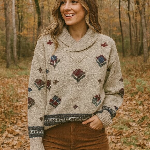 WOOLRICH Vintage 90s Shawl Collar Wool Blend Geometric Knit Sweater Size Large - Picture 1 of 5